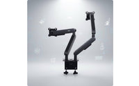 Ergonomic Design Two Monitor Arm Space Saving Adjustable Two Screen Mount Portrait and Landscape Rotation Gas Pneumatic Monitor Stand Easy Installation for Gaming Setup