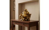 Wealth Attraction Laughing Buddha Statue Good Fortune Golden Maitreya Figurine Resin Craft Big Belly Buddha Ornament for Desktop, Living Room, Office