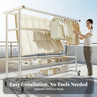 Rust-Proof Stainless Steel Drying Rack Thickened Tubes Double Rod Garment Rack Heavy-Duty Freestanding Clothes Organizer Stable Structure for Homemakers, Apartment Dwellers, Balcony, Outdoor, Bedroom, Dorm Room