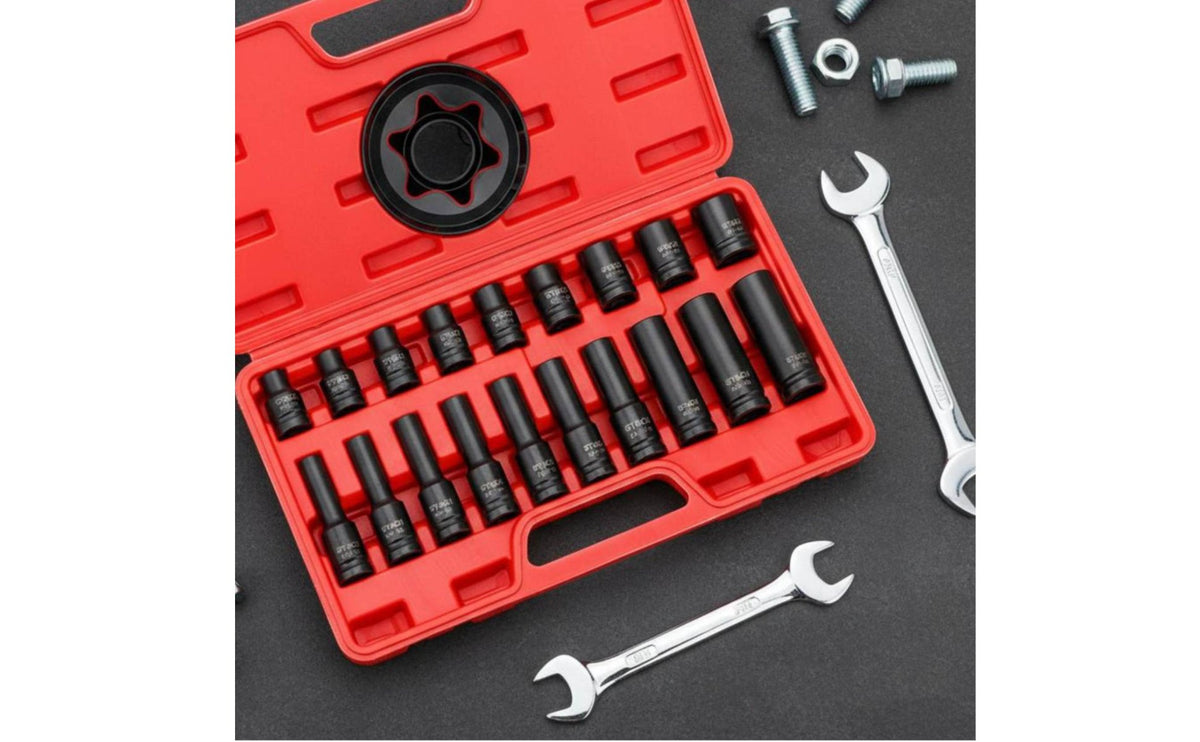 19 Pieces 6 Point Design External Torx Hex Socket Set High Rotational Force 1/2 Drive Heavy-Duty Socket Set Cr-V Steel for Mechanics