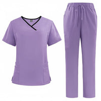 Multiple Pockets V-Neck Scrub Set Drawstring Waist Short Sleeve Nursing Attire Breathable Two-Piece Medical Workwear Soft Material for Dentists, Healthcare Workers, Veterinarians, Oral Health Office, Hospital, Medical Facility