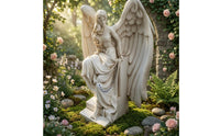 Seated Angel Figurine Antique Vintage-Look Pale Figure Statue Stepped Base Home Decor for Outdoor