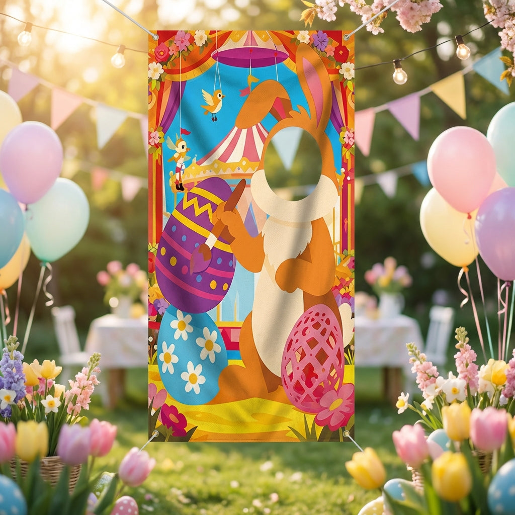 Easter Bunny Photo Prop Banner Indoor Outdoor Use Easter Photo Cutout-Hole Banner Festive Atmosphere Face in Hole Party Backdrop for Families, School, Party, Xmas