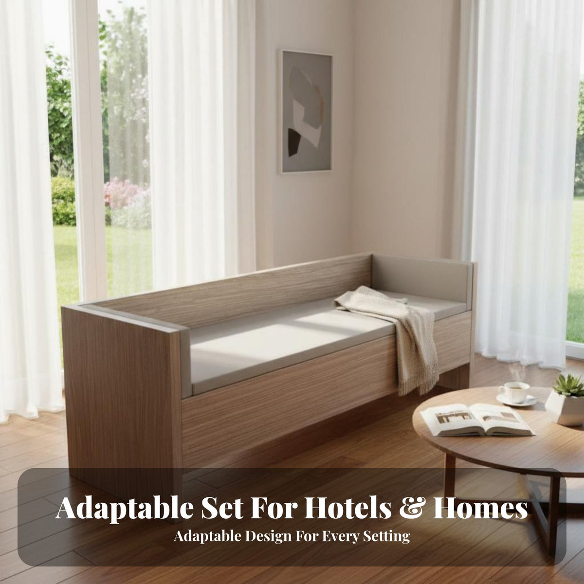 Minimalist Design Modular Hotel Room Set Space-Saving Hospitality Furniture Multi-Functional Interior Furnishings Wood Grain Finish for Property Managers, Homeowners, Guest Rooms, Bedrooms, Small Living Areas, Apartments