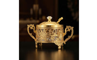 Ornate Condiment Jar with Spoon Gold-Tone Sugar Bowl with Lid Vintage Glass Condiment Pot with Metal Frame Elegant for Hosts