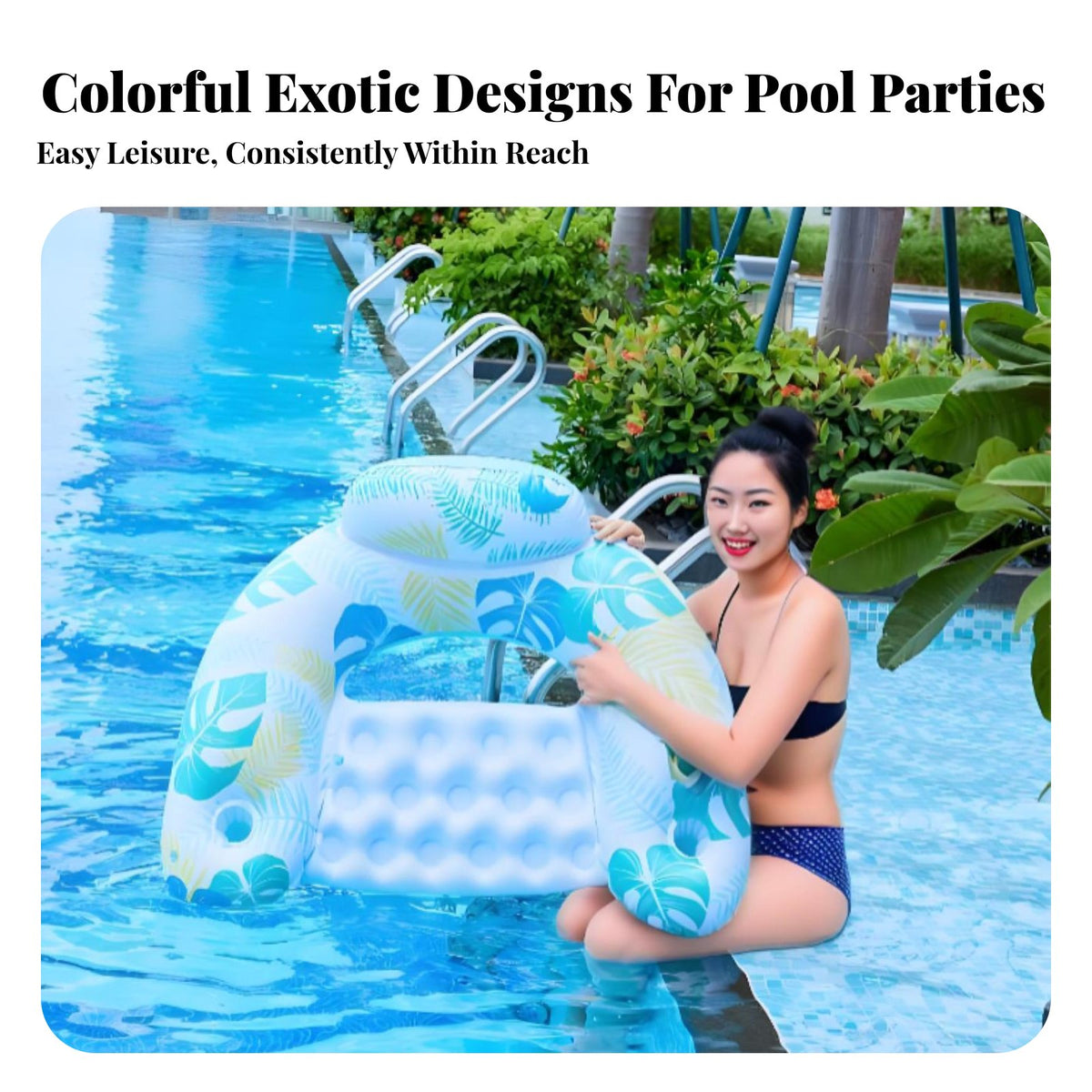 Leaf Print Inflatable Recliner Cooling Mesh Seat Water Lounger with Backrest Fast Inflation Inflatable Pool Chair for Adults, Men, Beach, Vacation