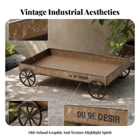 Spoked Wheels Iron Tray Rectangular Rustic Metal Tray Raised Sides Household Decor Shallow