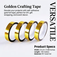 Gold Foil Decorative Tape for Gift Wrapping, Self Roll for Kids Crafts and DIY Projects, Wedding Party Decoration, 50 Meter Length, 0.05MM Thickness