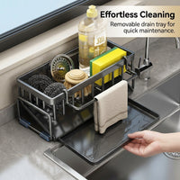 Bathroom Sink Organizer with Sloped Drain Rack for Home Kitchen, No-Drill Under Storage for Sponges & Brushes, Integrated Dishcloth Bar, Tidy Solution