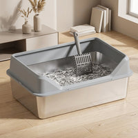 Stainless Steel Cat Waste Receptacle, Top-Entry Cat Toilet with High Fence, Enclosed Litter Tray with Step, Easy Cleaning Metal Litter Pan