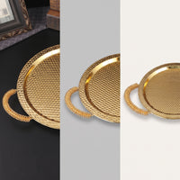 Metal Serving Tray with Handles Gold-Toned Hammered Metal Tray Decorative Platter with Handles for Hosts, Coffee Table, Dining Room