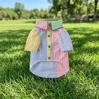 Summer Lightweight Contrast Shirt for Small Dog Clothing, Polyester Patchwork Cat Outfits with Frill and Buttons, Breathable Animal Fashion