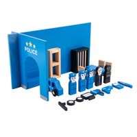 Police Play Set Painted Blue Wooden Playset Flat-Sawn Design Children's Toy