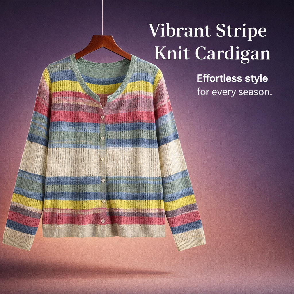 Cardigan for Women Plus Size with Button Front and Round Neck Design, Striped Knit Sweater for Spring Casual Wear, Loose Fit XXXL
