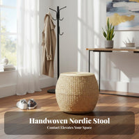 Woven Pouf Solid Wood Frame Round Rattan Ottoman Boho Footstool for Entryway, Balcony