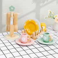 33 Pieces Pastel Accents Wooden Tableware Set Storage Display Pretend Kitchen Accessories Polished Edges Play Plates and Cups Realistic for Children