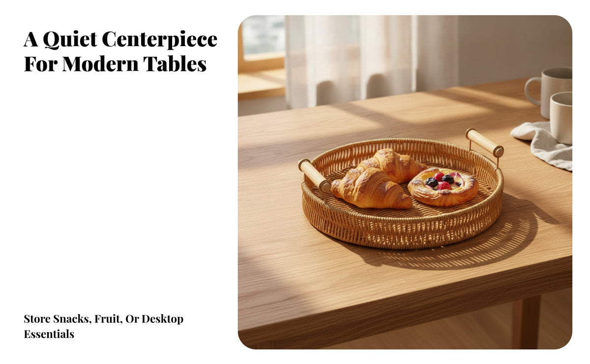 Shallow Woven Tray with Handles | Rustic, Serving Tray with Handles, for Dining Table