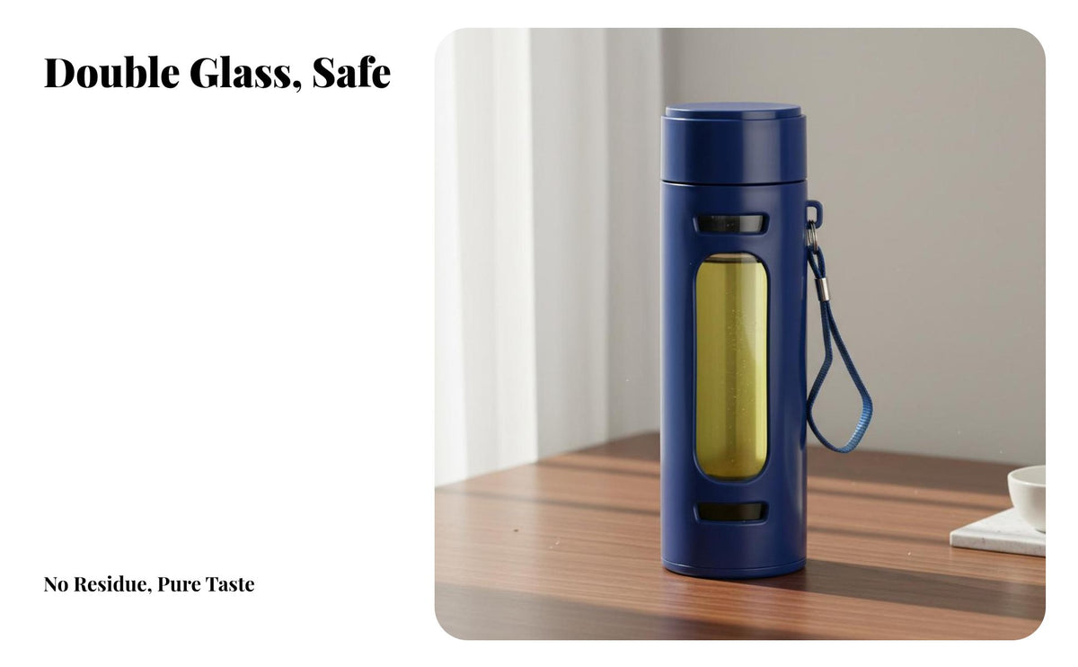 Double Wall Glass Tumbler Drop-Resistant Double Wall Glass Bottle Heat Insulated Tea Infuser Bottle for Office Workers, Students, On the Go, Home, Car