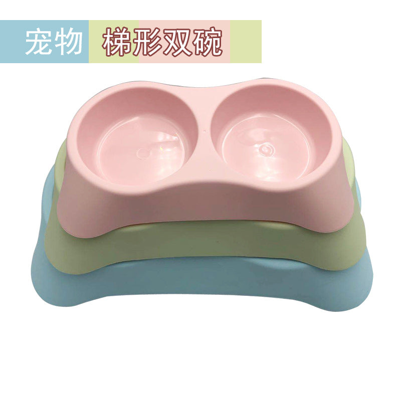 Pet Double Bowl for Cats and Dogs - Trapezoidal Plastic Food and Water Feeder for Small, Medium, Large Pets