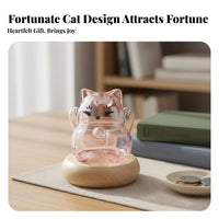 Fortunate Cat Glass Jar Good Fortune Symbol Maneki-Neko Savings Jar Cat Shaped Container with Wooden Base Wealth Attracting