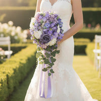 Lavender Cascading Floral Arrangement Ribbon Wrapped Handle Lavender Wedding