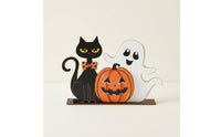 Freestanding Pumpkin Ghost Cat Sign Indoor Halloween Tabletop Decoration Holiday Wooden Halloween Centerpiece Autumn for Mantel