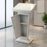 Slanted-Top Metal Lectern with Door Freestanding Presentation Podium with Cabinet Industrial Standing Podium with Shelf Tapered for Speakers, Receptionists, Lecture Halls, Hotel Lobbies, Sales Offices