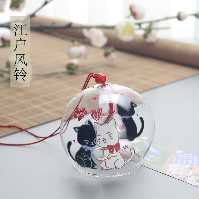 Japanese Edo-style Glass Wind Chime with Heart Cat PVC Tag for Home Decor
