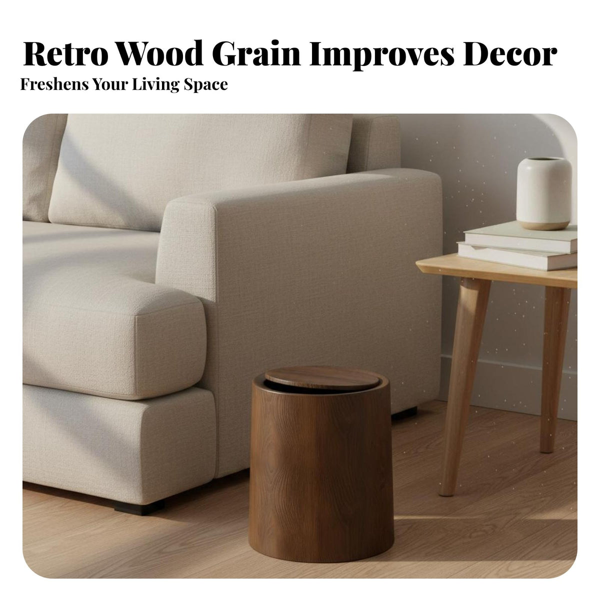 Wood Grain Trash Can Large Capacity Round Garbage Bin with Lid Round Trash Can with Lid Easy to Clean Wood Grain Wastebasket