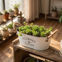 Galvanized Metal Planter with Rope Handles Vintage Oval Planter Rustic Flower Pot with Handles Farmhouse for Tabletop, Windowsill, Shelf