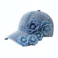 Flower Decoration Washed Jean Baseball Cap Vintage Design Floral Jean Cap Elegant Look Headwear for Outdoor, Beach