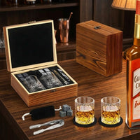 Gift Box with Whisky Glass and Drinking Glasses for Home Bar, 14 Piece Set with Coasters and Whisky Stones, Wooden Box Birthday Gift for Him