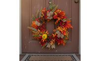Artificial Foliage Maple Foliage Sunburst Flower Wreath Vibrant Colors Autumn Pumpkin Wreath Rustic Charm House Decoration for Fireplace Mantel