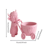 Highland Cow Planter Adorable Highland Cow Flower Pot Planter with Cart Cute Flowerpot Animal-Shaped for Gardeners, Windowsill