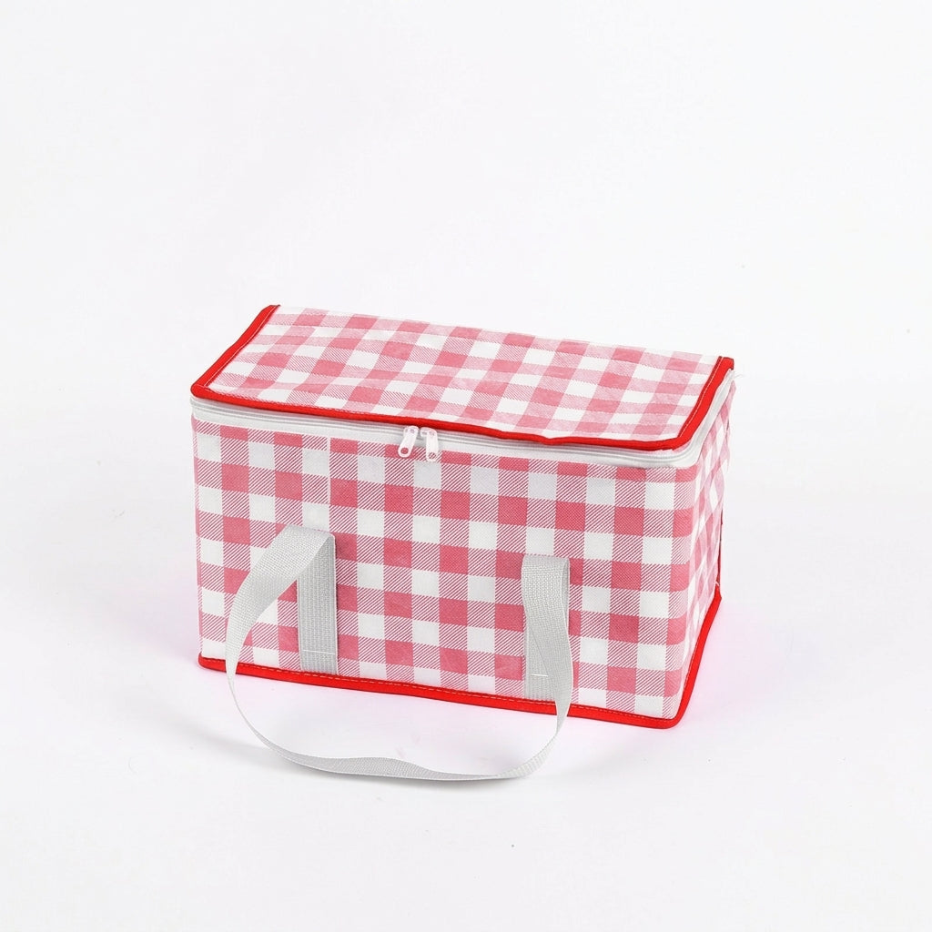 Lunch Box with Thickened Insulation for Outdoor Picnic, Large Capacity Foldable Picnic Basket with Aluminum Foil, Checkered Cool Bag, Cool Box