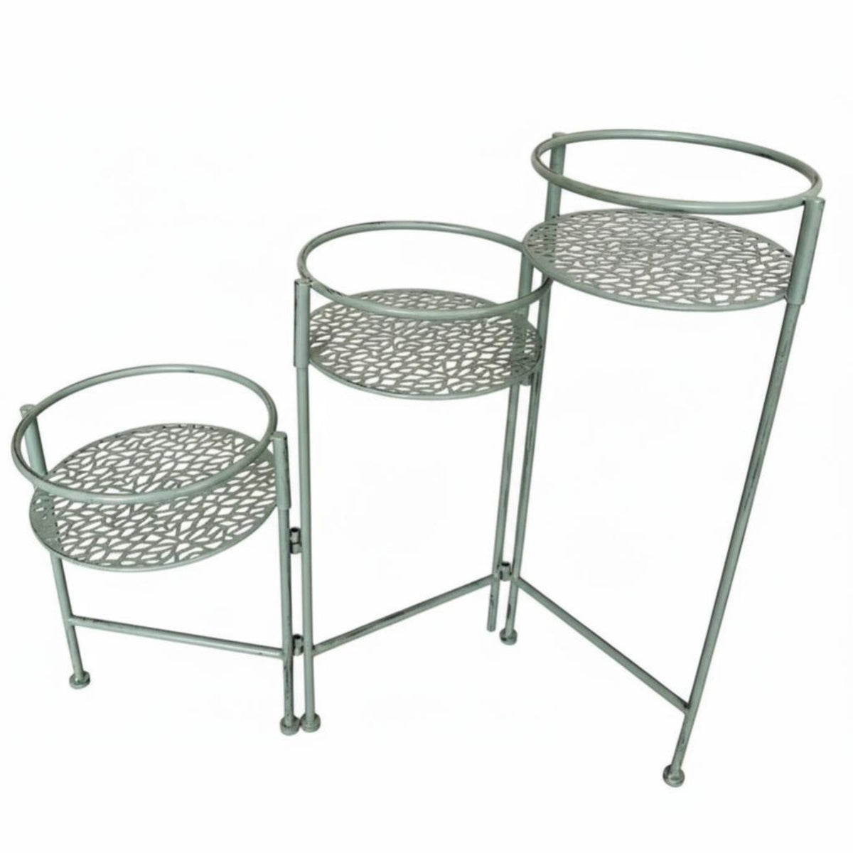 Vintage Design 3-Tier Foldable Rack Hollow-out Pattern 3-Tier Folding Display Tiered Structure Plant Stand Round Shelves for Gardeners, Apartment Dwellers, Courtyard, Balcony, Living Room, Bedroom