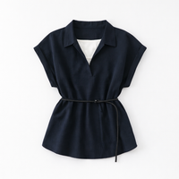 Ladies Tops Womens Blouses with Faux Layered Design and Tie Waist Belt, Loose Fit Pullover Shirt for Office Wear, Business Casual for