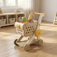 Role-Playing Toy Grocery Cart with Play Food Rounded Edges Shopping Cart with Play Food Molded Grocery Store Toy Pretend for Toddlers, Playroom, Kindergarten