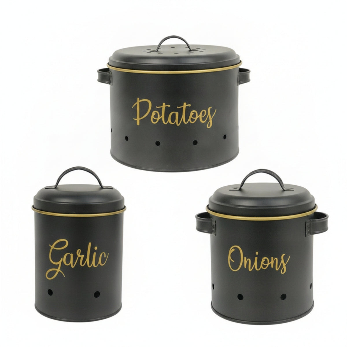 3 Pieces Gold Rim Onion Garlic Storage Tin Easy to Clean Vegetable Storage Container Aerating Holes Stackable Metal Canister Set Rust Resistant