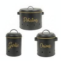 3 Pieces Gold Rim Onion Garlic Storage Tin Easy to Clean Vegetable Storage Container Aerating Holes Stackable Metal Canister Set Rust Resistant