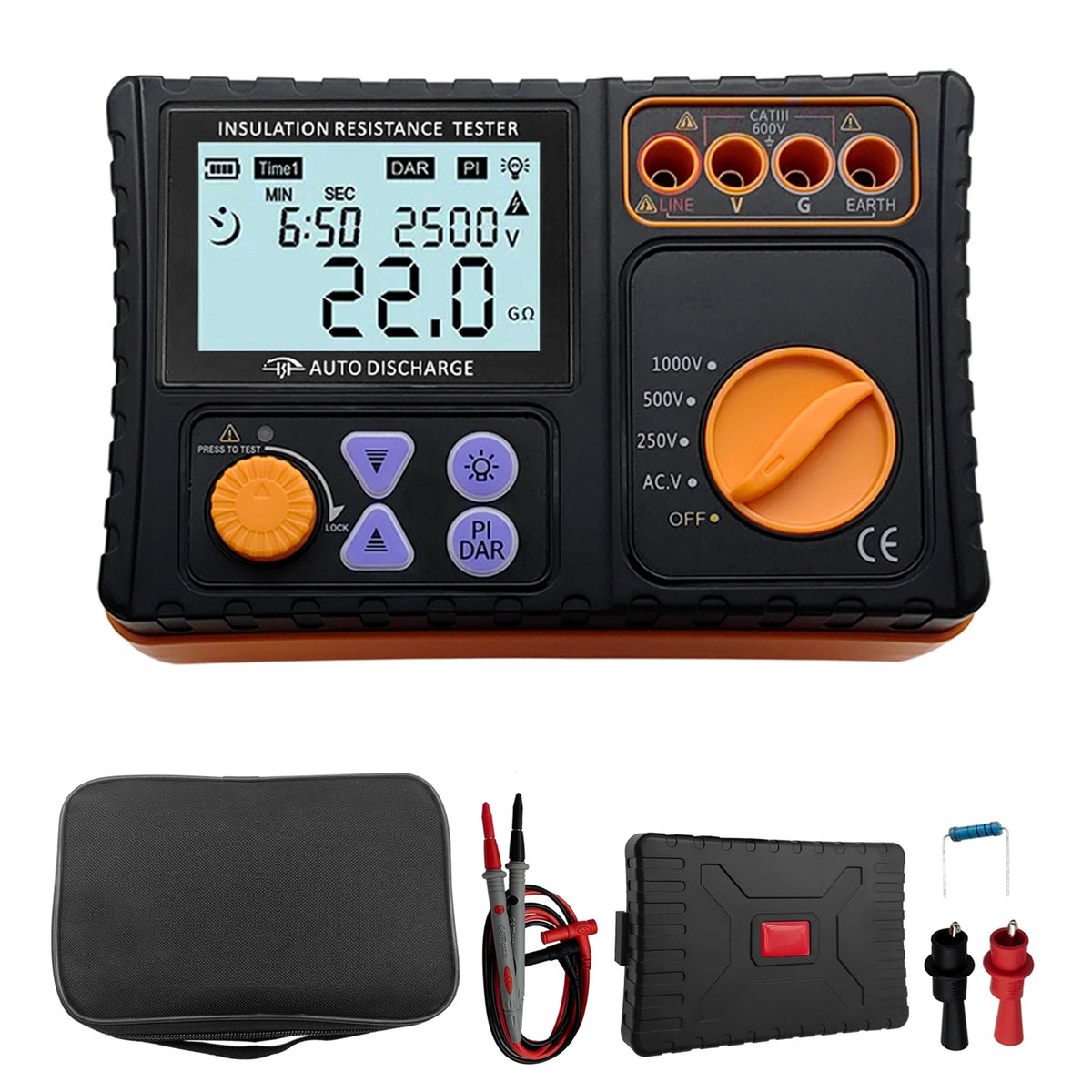 Digital Insulation Resistance Tester Compact Insulation Tester with Carrying Case Handheld Electronic Megohmmeter for Electricians, Field Testing