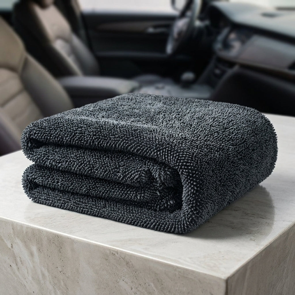 Double Sided Car Drying Towel with Bound Border, High Absorbency Microfibre Cloth for Car Washing, Dark Gray Reusable Microfiber Blend Towel