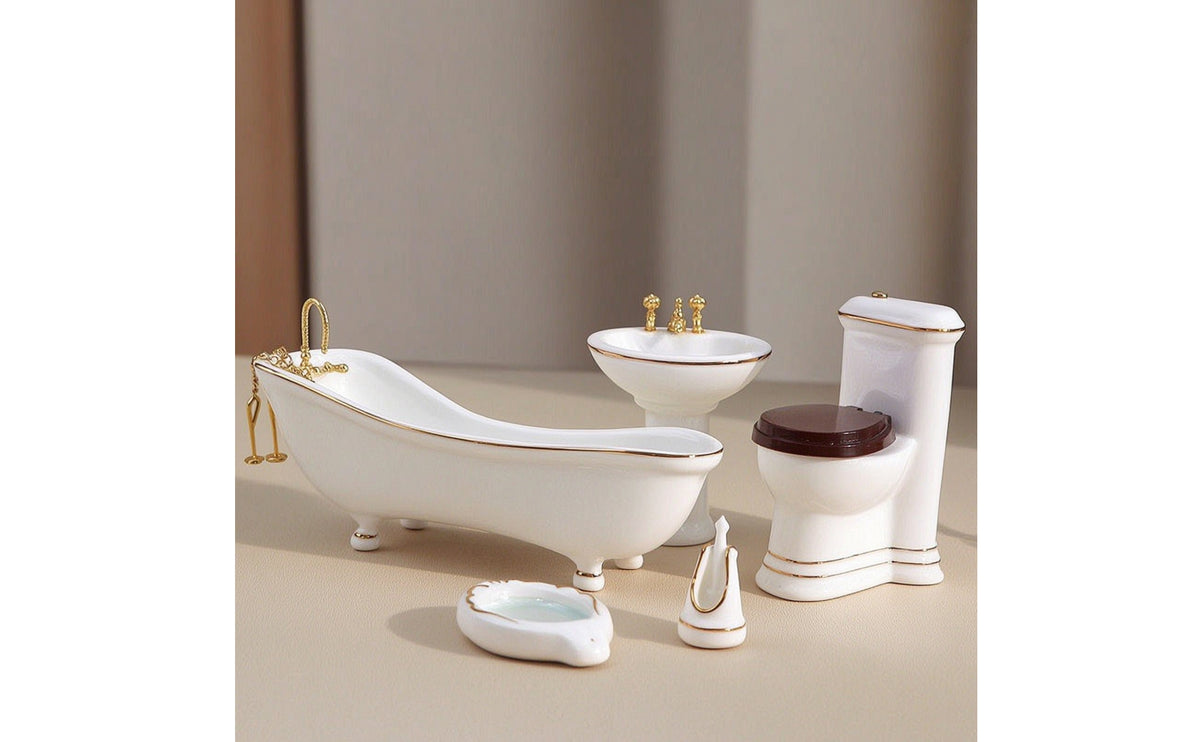 5 Pieces Dollhouse Washroom Set Realistic Toilet with Lid Toy Miniatures for Hobbyists