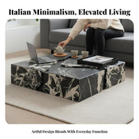 2 Pieces Italian Minimalist design Nesting Tables with Drawer Space-Saving Living Room Furniture Marble Pattern Top Coffee Table Set Internal Storage for Small Apartment Dwellers, Homeowners, Interior Design aficionados, Lounge Area