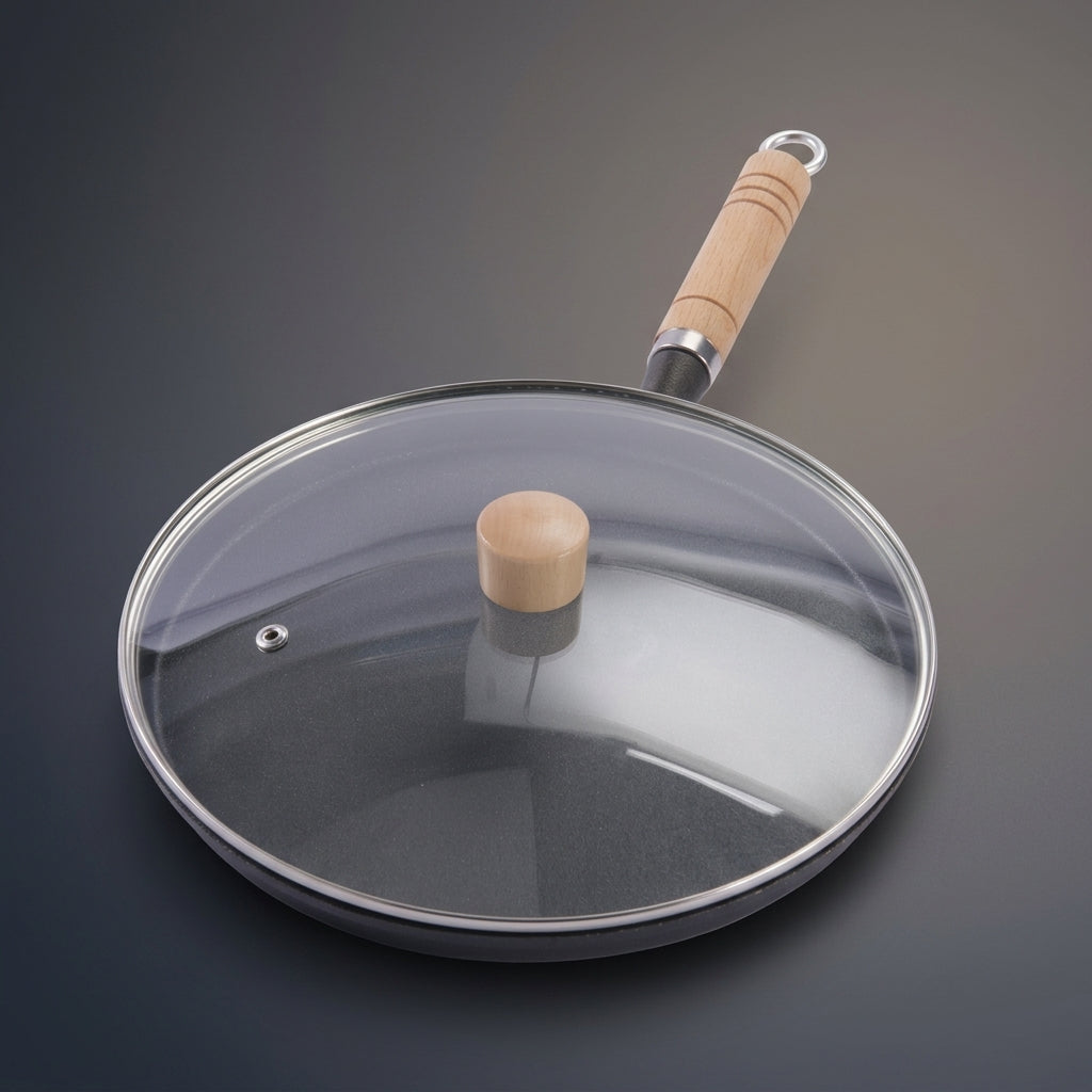 Frying Pan and Pancake Pan with Glass Lid, Heavy Duty Cast Iron Skillet with Wood Handle, Versatile Griddle Pan and Grill Pan, Egg Frying Pan