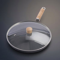 Frying Pan and Pancake Pan with Glass Lid, Heavy Duty Cast Iron Skillet with Wood Handle, Versatile Griddle Pan and Grill Pan, Egg Frying Pan