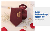 Red Double Happiness Tie, Men's No-Knot, Wedding Groom, Festive Bird Design, Formal Wear
