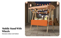 Foldable Market Stall Optional Wheels Wooden Vendor Cart with Canopy Easy In Stand Tion Wooden Merchant Stand with Awning for Craftsmen, Kids