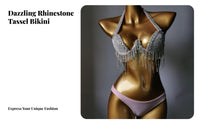 Rhinestone Tassel Bikini Adjustable Straps Glittering Nightclub Bikini Push Supportive Construction Glittering 2 Piece Bathing Suit for Dancers