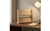Natural Wood Finish Two-Tier Phone Stand Freestanding Slatted Phone Stand Organized Storage Desk Accessory Unobstructed Design